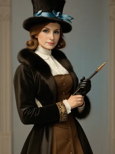 The young woman in the picture is wearing a Francis hat, which was a popular accessory for women in the 1880s. The hat is made of velvet and trimmed with elegant light feathers, which give it a regal appearance. The hat is
