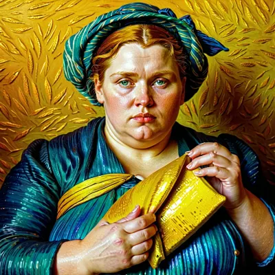 Der Händler hatte ein Bild von Van Goghs Gemälde einer Frau mit Chiubby Venen, und er liebte es zu essen. Er bemalte die Frau mit dem Veinyonez auf seinem Magen und sie sah aus, als würde sie platzen!