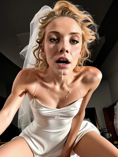 Der AI-generierte Text beschreibt ein hochwertiges pornografisches Foto mit detaillierten Gesichtsausdrücken, realistischer Hauttextur und sehr detailliertem Haar. Das Foto zeigt eine blonde Frau, die ein weißes Satinkleid trägt und auf dem nackten Körper eines Betrachters sitzt