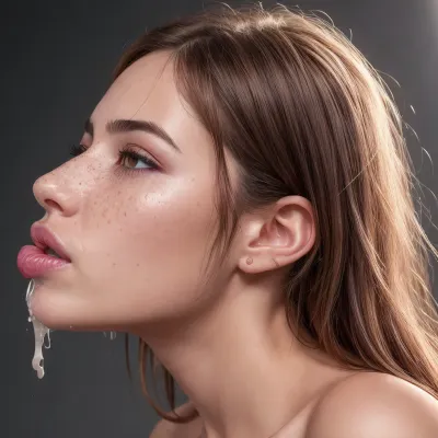 A woman with large breasts and freckles on her nose is forced to suck a man's penis in a pornographic photo, which features high resolution with lots of detail, including watery eyes, painted nails, realistic lighting, soft lighting, back
