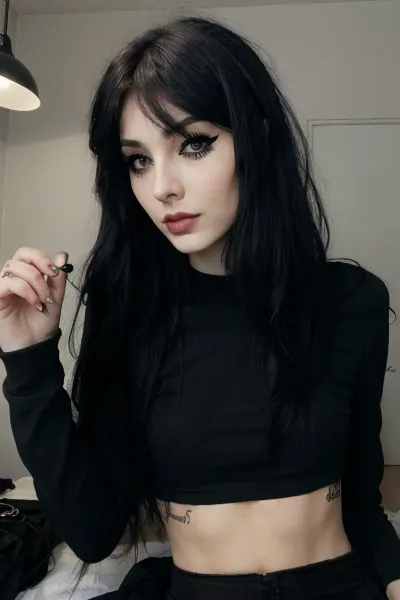 The porn picture with the best picture quality is of a beautiful face with long hair, dark room with ambient lights, and a round breasts. The girl has perfect hands and messy hair. She is wearing tight black top, professional makeup, and goth