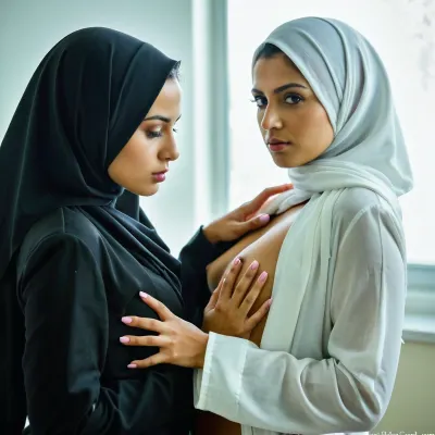 Duas jovens bissexuais meninas iranianas muçulmanos quentes estão fazendo sexo, ambas as meninas estão usando hijab, Hasselblad 2000 FC M com Zeiss Planar 80mm f2.8 lente