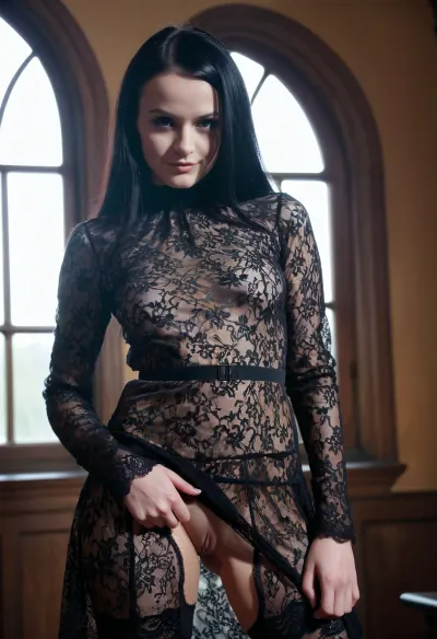 A young goth girl in a transparent lace dress with intricate lace interior, smooth pussy, and gothic interior