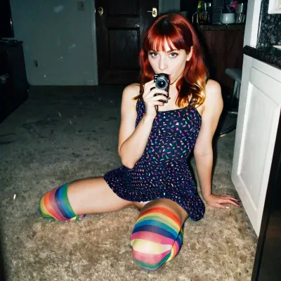 L'introverso rossa grunge ragazza con frange e calze multicolore e un simpatico vestito di cotone corto è seduto sul pavimento in un angolo scuro nel 1997, ad una festa nel 1997, scattando foto del 27
