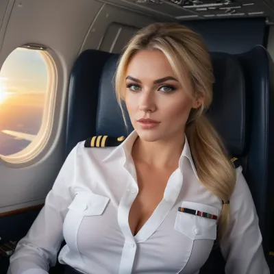 The stunning blonde pilot sat in the cockpit of her plane, wearing a white shirt and black trousers. Her long hair was tied up in a ponytail, and she had heavy make-up on her face. She was looking at something on her