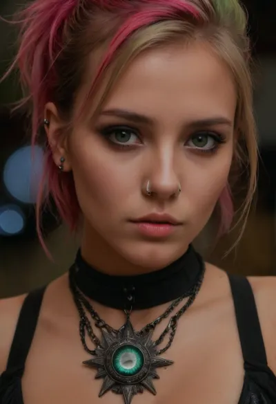 A punk girl with stunning eyes, emerald green eyes, and brilliant glistening eyes was captured in a picture with her heavily tattooed body. She had inked her chest tattoos, zipper leather boots, colorful dyed hair with dark