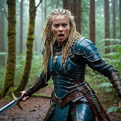 The female warrior stood in the forest, her long blonde hair flowing in the wind. She was a 45-year-old female predator, with blue eyes and a fierce determination to protect her tribe. Her sword was at her side, ready for battle