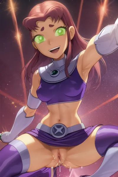 Starfire, an alien with green skin and long, flowing hair, was watching porn when she masturbated to the images of hot aliens fucking each other. Her vagina was wet and ready for action as she inserted her fingers into her tight pussy, mo