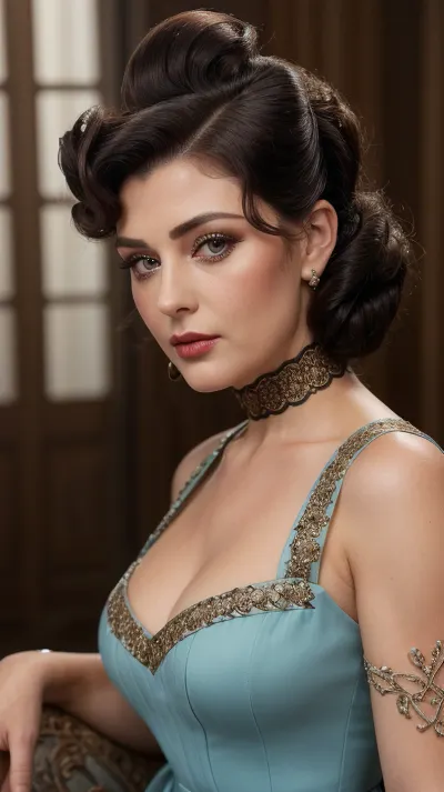 L'alta risoluzione 4K ultra-dettaglio RAW foto del Pin-up si arrabbiano le donne 50 yo guardare il visore indossando un vestito di design con piatti, in vestito, capelli diritti scuri, giarrettiere, 3/4 vista della lunghezza, 4K