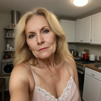 Mary woke up in the morning and took a selfie picture wearing a big brownie with her hair messy and wide jaw. She had chubby cheeks, fluffy sexy lingerie, and sexy tall body
