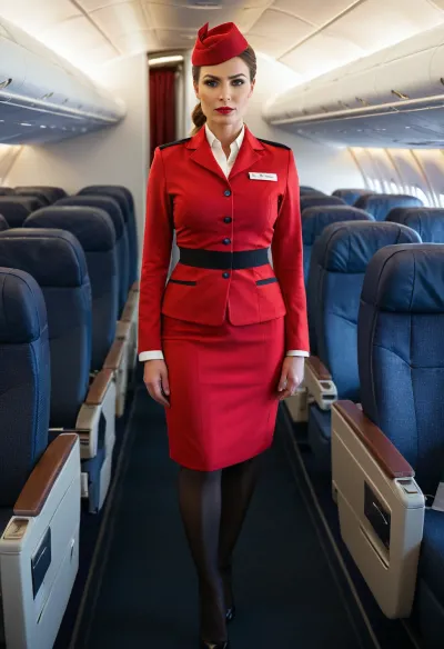 身着红色服装的空姐,在她的照片中站满身体,在飞机上担任空姐. 她穿了件紧身的黑色礼服 完美地拥抱着她的曲线 并在画面中看起来很迷人 她的长发被绑在