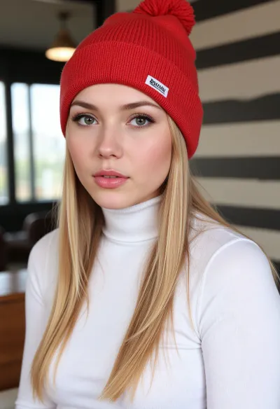 Die auffällige Frau im Bild begeisterte Zuschauer mit ihrem modernen und urbanen Aussehen, hervorgehoben von ihrem gestreiften Muster und trendigen Make-up. Ihre langen blonden Haare kaskadierten ihre Schultern, betonen ihre Schönheit