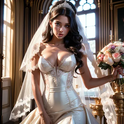 30 ans La femme espagnole vêtue d'une robe de mariée aux longs cheveux touslés ondulés, aux jolis seins latéraux et aux seins c tasse a été décrite comme ayant de grands yeux expressifs, une expression rougissante et des traits facials séduisants