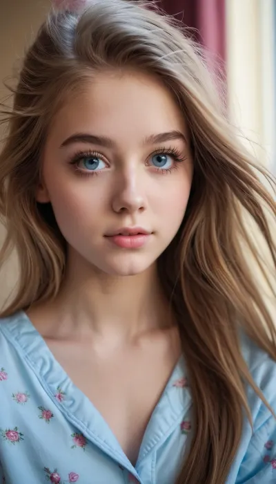 Une jolie fille de 18 ans avec un visage rond et un chef-d'œuvre de photoréalisme lumineux était assise sur son lit, portant des cheveux déshabillés, des yeux bleus et une journée sans sommet. Elle avait le chef-d'œuvre photoréaliste de la meilleure qualité