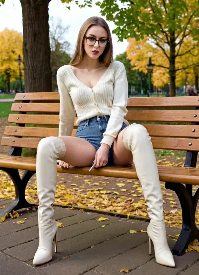 A young adult girl with big fake tits and glasses was sitting on a chair, legs together, and looking at the camera with her very tall legs together. She had a cute pale skin tone, darkblond hair, and huge fake tits