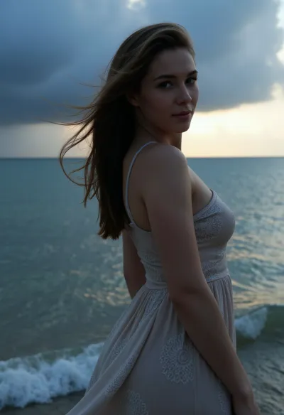 広大な海、風に流れる彼女の髪の端に立っていた若い女性。 風に舞われたエーテルのドレスを、海に触発された複雑な模様を着ています。 青の目を引くと、優しい波が映る