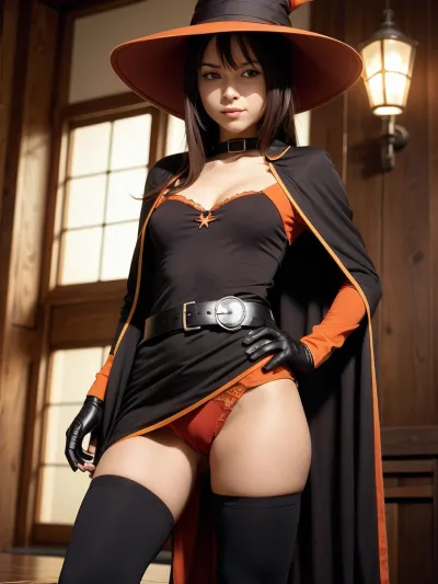 The AI generated a pornographic picture of a girl with red eyes, long hair, and a bandaged legwear outfit with black collarbone, orange boots, and brown pants. She is wearing an asymmetrical legwear outfit with black collarbone,