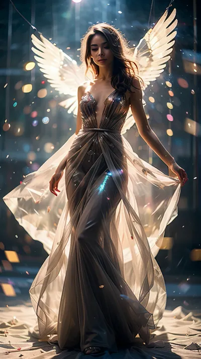 A radiant, full body view ethereal figure with delicate angelic wings stands gracefully amidst glowing prismatic crystal formations. Her sheer flowing gown shows off her nude perfect body, shimmers with iridescent hues, reflecting a spectrum