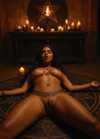 若いインドのウィッチと大きなツジとピアスのニプルは、ろうそくの寺院に戻り、彼女の目は激しい集中で閉じました。 突然、彼女は左のニプル輝きの明るい赤の周りに入れ墨としてピアスの叫びを聞かせます