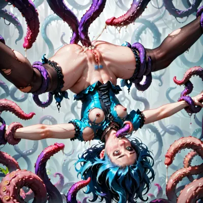 The tall, blue-haired milf was strapped to a table by tentacles, her small breasts exposed and dripping with cum. A tall, gothic pierced nipple monster was sucking on her tight pussy while holding her upright with