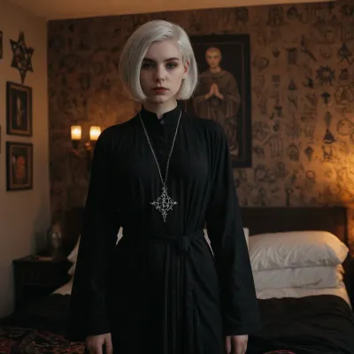 Das Mädchen stand im Schlafzimmer, ihre helle Haut glühte im Mondlicht. Sie trug eine schwarze Robe mit nichts darunter und enthüllte ihren kleinen Körper und kurze silberne Haare. Ihre Tattoos auf ihrer Brust waren okkulte Symbole, die im Dunkeln leuchten