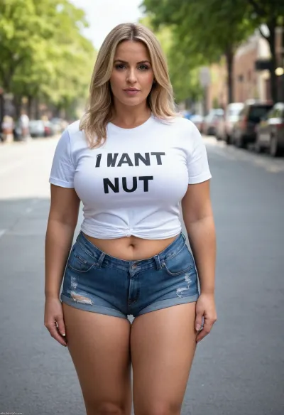 A woman in her mid-thirties, wearing a tight white shirt with the words "I WANT NUT" in large letters, posed provocatively on the street as she walked down the street. Her breasts were big and firm, and
