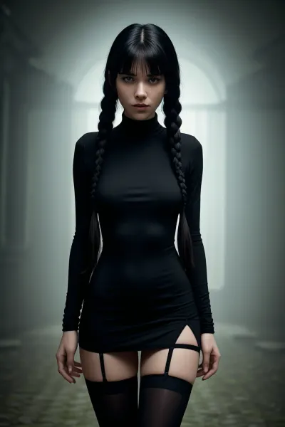 예쁜 여자는 맨션의 앞에 서, 화이트 칼라 셔츠와 블랙 레깅스 Mary Janes. 그녀의 raven black hair was pulled back into the high ponytail, revealing 그녀의 슬림 한 인물. 그녀는 파란 눈을 뚫고 있었다