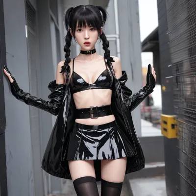 Die dünn und hohe Bimbo Schlampe mit einem Schweif Frisur, Chocker, schwarzer Kunststoff Mantel, transparent schwarzer Kunststoffrock, sichtbare Titten, schwarzer G-String, schwarzem Haarband und haarige Socken stand vor dem Spiegel