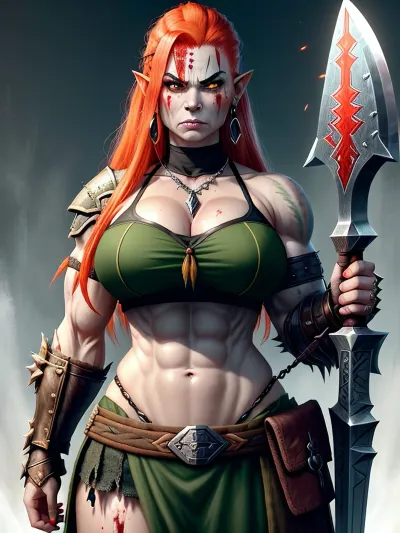 The orc warchief stood tall and proud, her muscles rippling with power. She was a fierce warrior, determined to protect her people from the barbarians who threatened their way of life. With a mighty roar, she swung her axe, dec