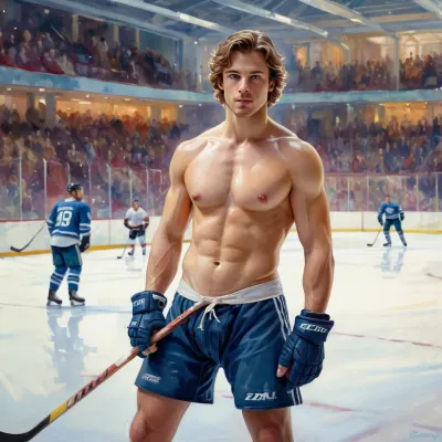 A naked hockey player guy on the rink, looking lustfully at the camera while watercolor artist Daniel F Gerhartz captures his every move