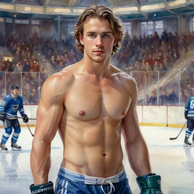 The naked hockey player guy on the rink, looking lustfully at the camera, watercolor painting by Daniel F Gerhartz