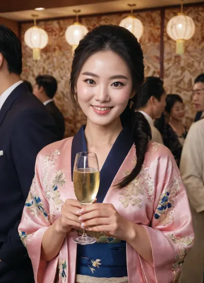 A korean woman dressed in a traditional kimono and holding glasses of champagne stands in a party room full of people, all dressed up in traditional Korean clothing. Her eyes are perfectly outlined with eyeliner, and she has full lips that look like they