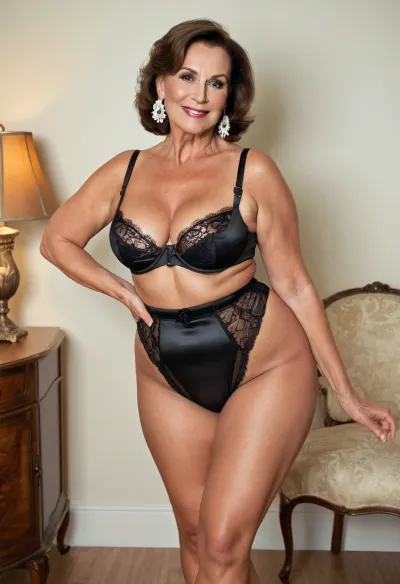 A velha com um corpo grosso e rosto chubby estava usando um conjunto lingerie vintage que abraçava suas curvas. Tinha pernas grossas e cintura, peitos grandes e lábios cheios. Seu cabelo era longo e ondulado, moldando seu rosto perfeitamente