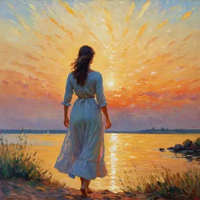 The Impressionist painting depicts a woman enjoying the sunset, with broad brush strokes and thick strokes