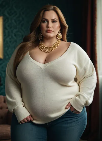 Una belleza rusa con unas caderas anchas de gran tamaño, grandes pendientes, y gran collar posa seductoramente en una foto de cuerpo completo