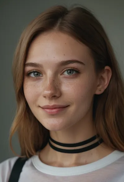 The young Ukrainian model with freckles and dimples stood in front of the camera, her bright eyes focused on the camera. She wore a choker around her neck, highlighting her delicate features. Her long hair was pulled back into a tight bun