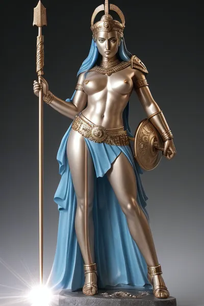 Athena, the goddess of war, stood before her full body mirror. She was wearing a revealing outfit that showed off her voluptuous curves and ample cleavage. As she admired herself in the mirror, she couldn't help but feel a sense of
