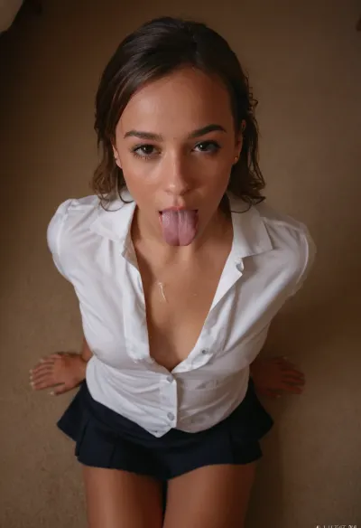 Alizée, estudiante sexy de petite, lleva un uniforme de colegiala y está de pie delante de un fondo blanco. Tiene características faciales perfectas y una cara angelical. Sus ojos están cerrados mientras ella lame sus labios seductormente, añadiendo