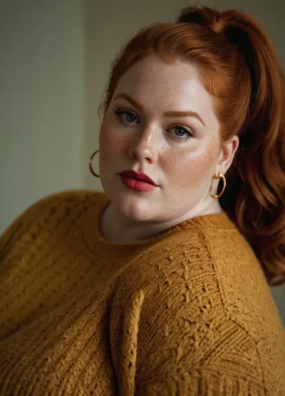 Un sbbw voluptueux avec des cuisses épaisses et de grandes boucles d'oreilles posées séduisantement pour la caméra, montrant ses cheveux et rousseurs de gingembre naturels. Elle portait un pull serré qui se cognait les courbes, montrant sa silhouette voluptueuse