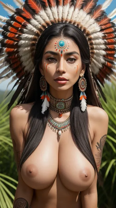 The woman in the photo is wearing a feathered headdress and feathers, with a beautiful tribal tattoo design on her arms. She has an intense expression on her face, and the background is lush green with trees and mountains in the distance. The