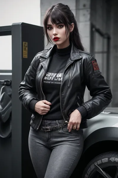 Une femme superbement belle habillée en mode grunge moderne fusionne avec le style de couture classique de la tête aux pieds. Elle avait de longues franges, un maquillage brillant et des lèvres rouges. Sa tenue était un costume classique avec des éléments grunge tels