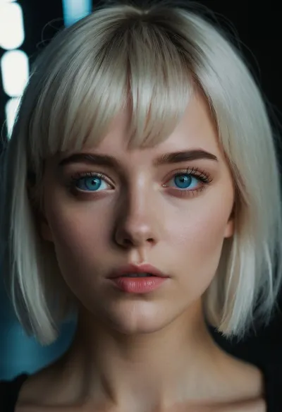 A young woman with a grunge style of makeup and bright blue eyes stood in front of the mirror, admiring her new AI-generated picture. She had always been fascinated by the technology that allowed for such realistic images to be generated, and