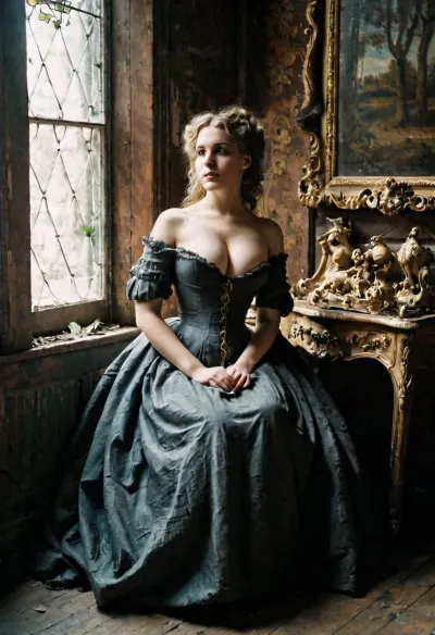 El modelo aristócrata sultry, vestido con un vestido vintage Rococo, se sentó con piernas separadas en un vestido desgarrado sucio cubierto de fondo. Tenía un pecho perfecto y una cámara de 18 generaciones. La atmósfera era intensa y la atmósfera estaba llena de cuerpo