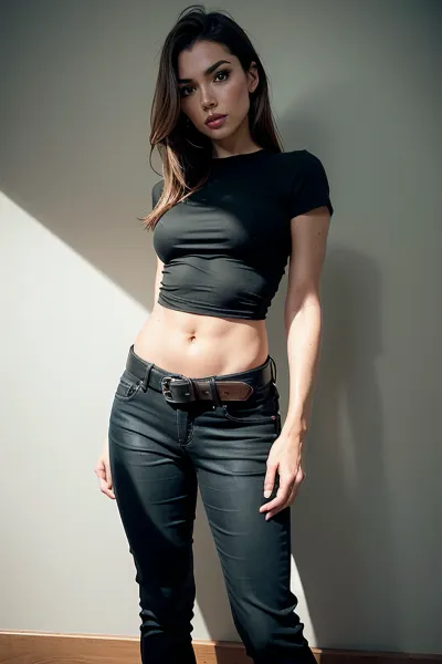 The AI generated a perfect picture of a girl with perfect eyes, petite body, full face, small perky breasts, medium hair, small butt, narrow waist and narrow hips wearing a black shirt and short sleeves exposed navel. She was posing sens