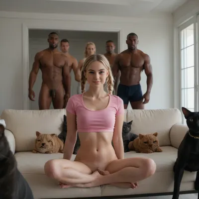A loira nua em um quarto branco com seis homens musculares vestindo cabeças de cão está sentado em um sofá em um quarto branco com uma almofada azul. Ela tem duas cortinas azuis mostrando seios nus. Uma janela estreita com uma cortina azul mostra um gerador de texto AI