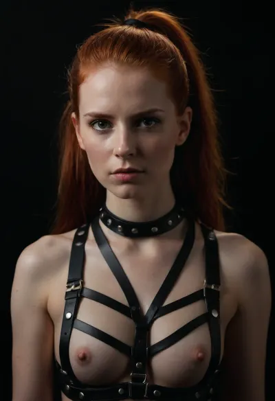 La mujer de la imagen está usando un arnés de cuero y de pie delante de un fondo negro. Su cabello está de estilo en una cola de caballo apretada y cae sobre sus hombros, creando la máxima excitación para los espectadores