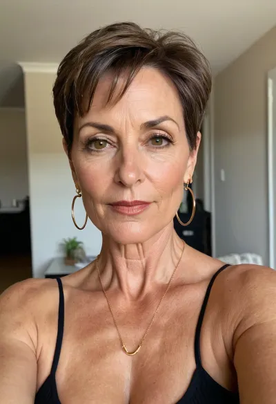 La bruna di 50 anni con un naso piccolo e orecchie appuntite è l'immagine più sexy e calda AI generato con massimo 5 frasi. Ha una faccia sexy naught, collana d'oro, piccole tette saggy, orecchini hoop