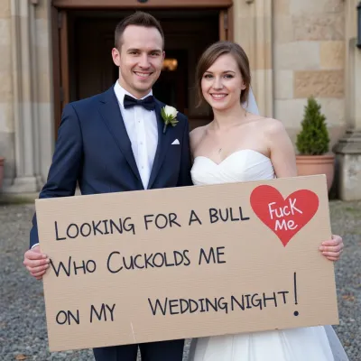 photo of a German couple, bride and groom, on their wedding day in front of a church, smiling. The groom holds a handmade sign with text, "LOOKING FOR A BULL WHO CUCKOLDS ME ON MY WEDDINGNIGHT". The bride holds a handmade sign with text, "FUCK ME" and a red painted heart.