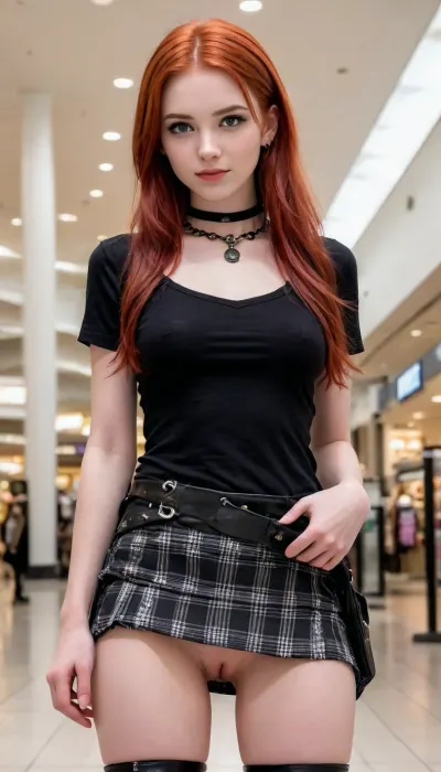 (full frame view, zoom out, full body view, hyper realistic:2), (most beautiful slender 18 year old redhead punk model in a mall, slim, tall, confident, assertive, strong, proud:2), (wearing oversize buckled black platform boots, plaid miniskirt, t-shirt, spiked wristbands, spiked choker:2), (show nude pussy:1.8), (professional fashion photoshoot, NSFW:1.7), (beautiful detailed face with heavy make-up:1.2), (erotic photo, porn photo, pornography, photorealistic, photo realistic, photorealism, photo realism, realistic, realism, light blank background:1.5), (4k, 8k, 8k resolution, best quality, ultra quality, highest quality, maximum quality, uncompressed, raw source photograph:1.2), (intricate clothing, detailed clothing, detailed skin, realistic skin), skirtlift, <lora:skirtlift_xl:.6>, <lora:Creat0r_MagicDetailzV2_FIX:2>