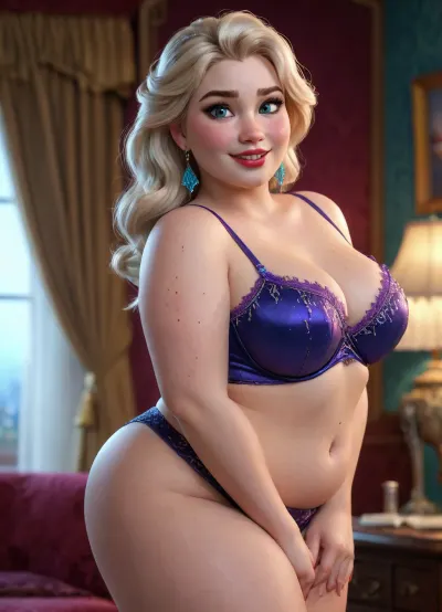 Elsa から 冷凍, 彼女の 特大 thighs と 大きい 広い ヒップ, seductively に セクシー lingerie set. 明るい赤の口紅に塗られた太い太もとバスティの唇が入った。 彼女の顔に彼女のそばかす